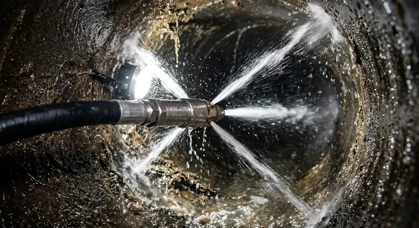 High-pressure hydro jetting nozzle cleaning sewer pipe for Emergency Drain Service in Bridgton