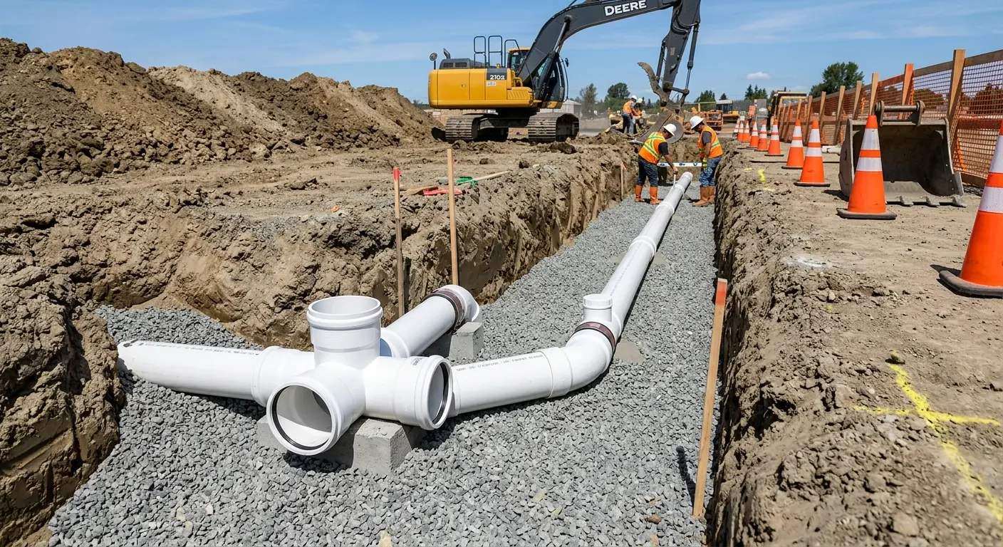 New PVC sewer pipe installation in open trench for Commercial Drain Cleaning in Bridgton